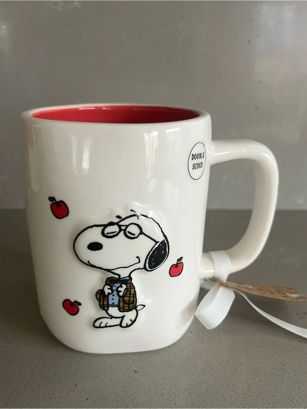 Rae Dunn Snoopy #1 Teacher Coffee Mug Apples Peanuts Ceramic Cup Double Sided